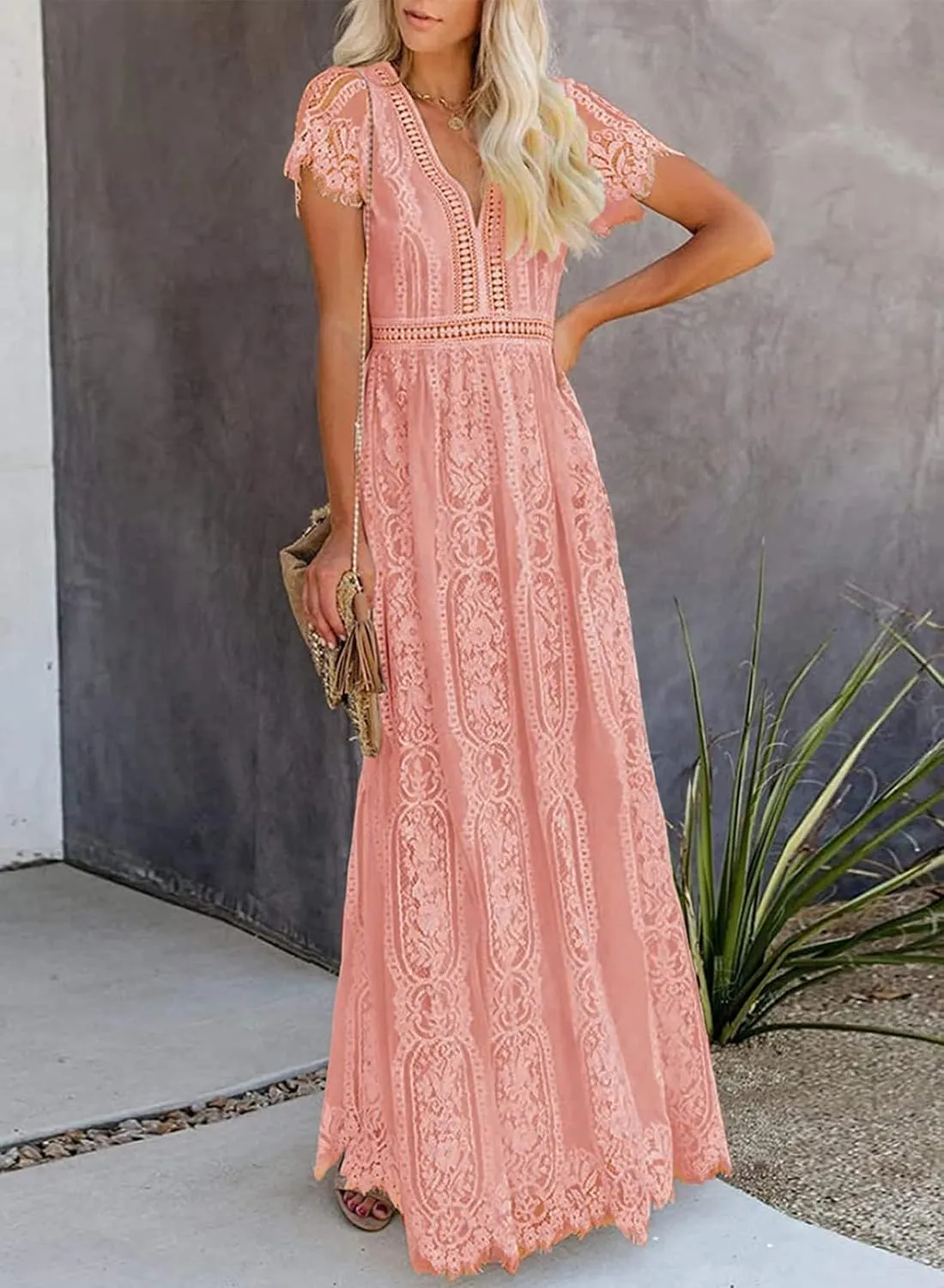 Melliflo Womens Lace Patchwork Hollowed Out Short Sleeved V Neck Long Skirt 2024 New Casual Summer Dress
