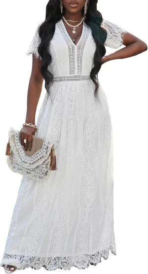 Melliflo Womens Lace Patchwork Hollowed Out Short Sleeved V Neck Long Skirt 2024 New Casual Summer Dress