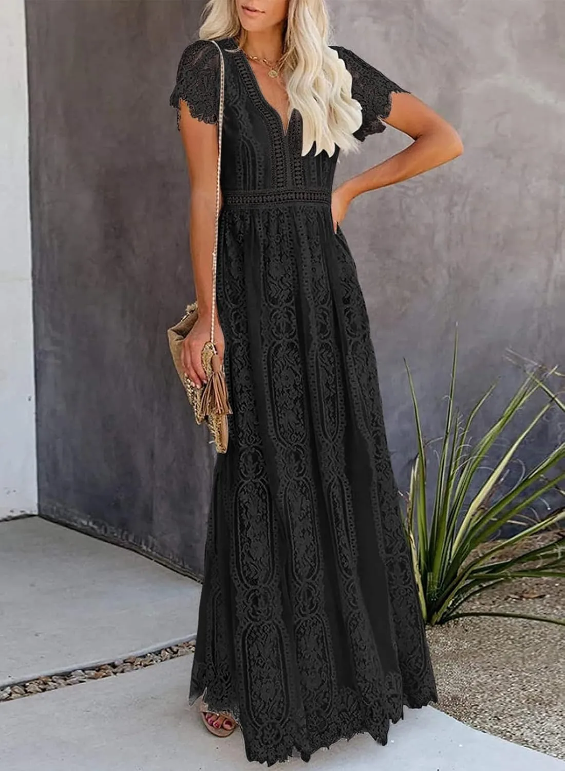 Melliflo Womens Lace Patchwork Hollowed Out Short Sleeved V Neck Long Skirt 2024 New Casual Summer Dress