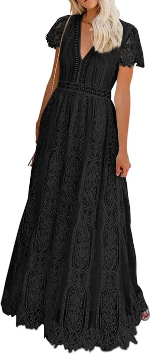 Melliflo Womens Lace Patchwork Hollowed Out Short Sleeved V Neck Long Skirt 2024 New Casual Summer Dress