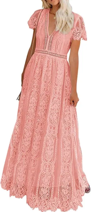 Melliflo Womens Lace Patchwork Hollowed Out Short Sleeved V Neck Long Skirt 2024 New Casual Summer Dress