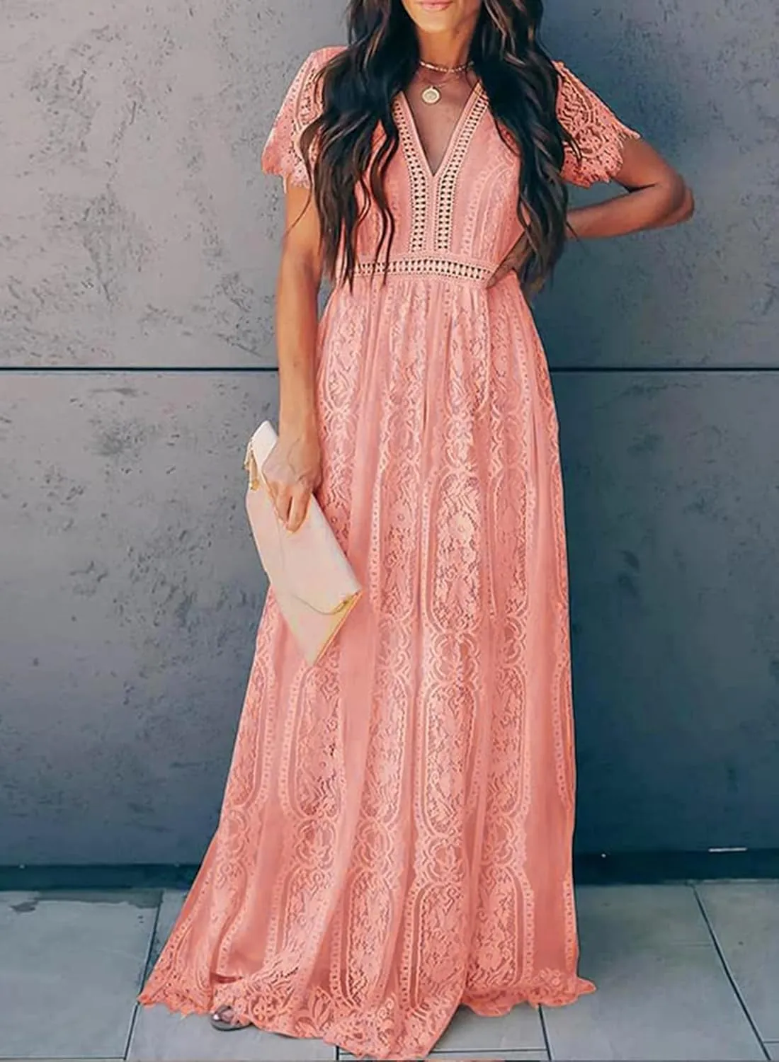 Melliflo Womens Lace Patchwork Hollowed Out Short Sleeved V Neck Long Skirt 2024 New Casual Summer Dress