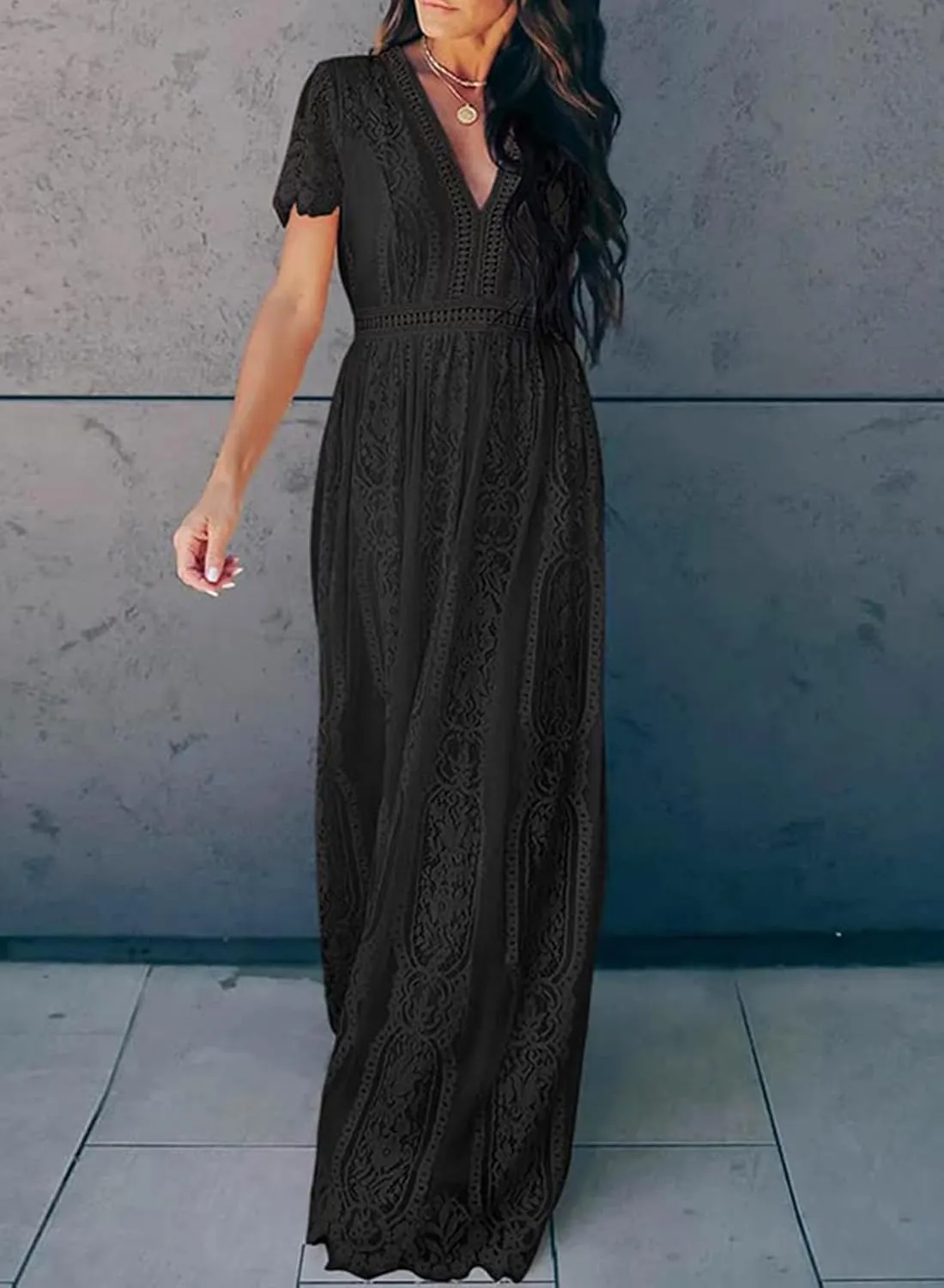 Melliflo Womens Lace Patchwork Hollowed Out Short Sleeved V Neck Long Skirt 2024 New Casual Summer Dress