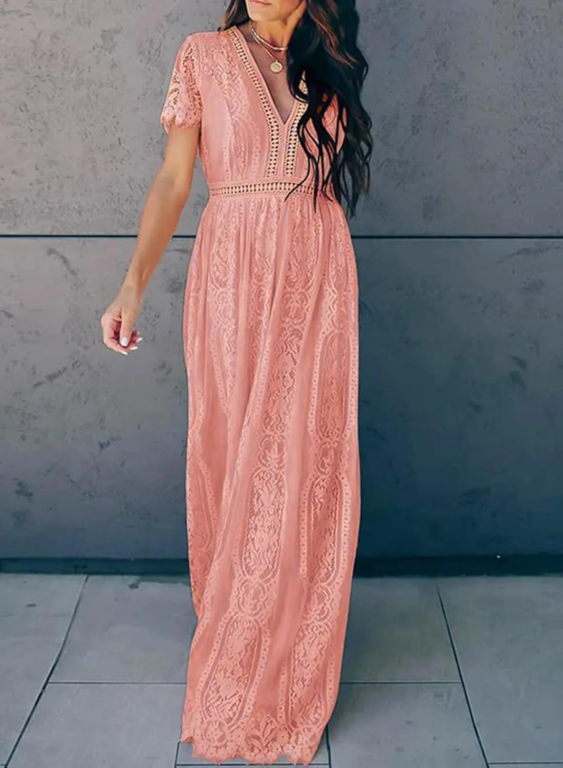 Melliflo Womens Lace Patchwork Hollowed Out Short Sleeved V Neck Long Skirt 2024 New Casual Summer Dress