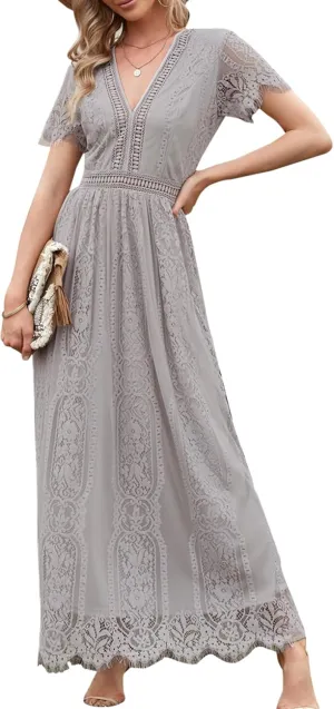 Melliflo Womens Lace Patchwork Hollowed Out Short Sleeved V Neck Long Skirt 2024 New Casual Summer Dress