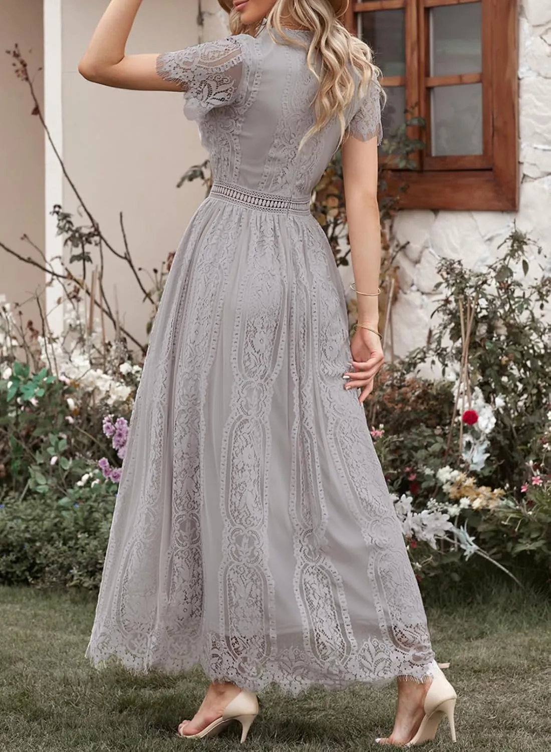 Melliflo Womens Lace Patchwork Hollowed Out Short Sleeved V Neck Long Skirt 2024 New Casual Summer Dress