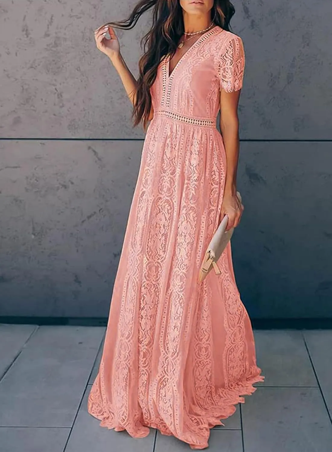 Melliflo Womens Lace Patchwork Hollowed Out Short Sleeved V Neck Long Skirt 2024 New Casual Summer Dress