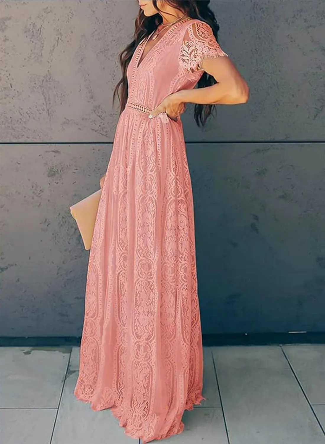Melliflo Womens Lace Patchwork Hollowed Out Short Sleeved V Neck Long Skirt 2024 New Casual Summer Dress