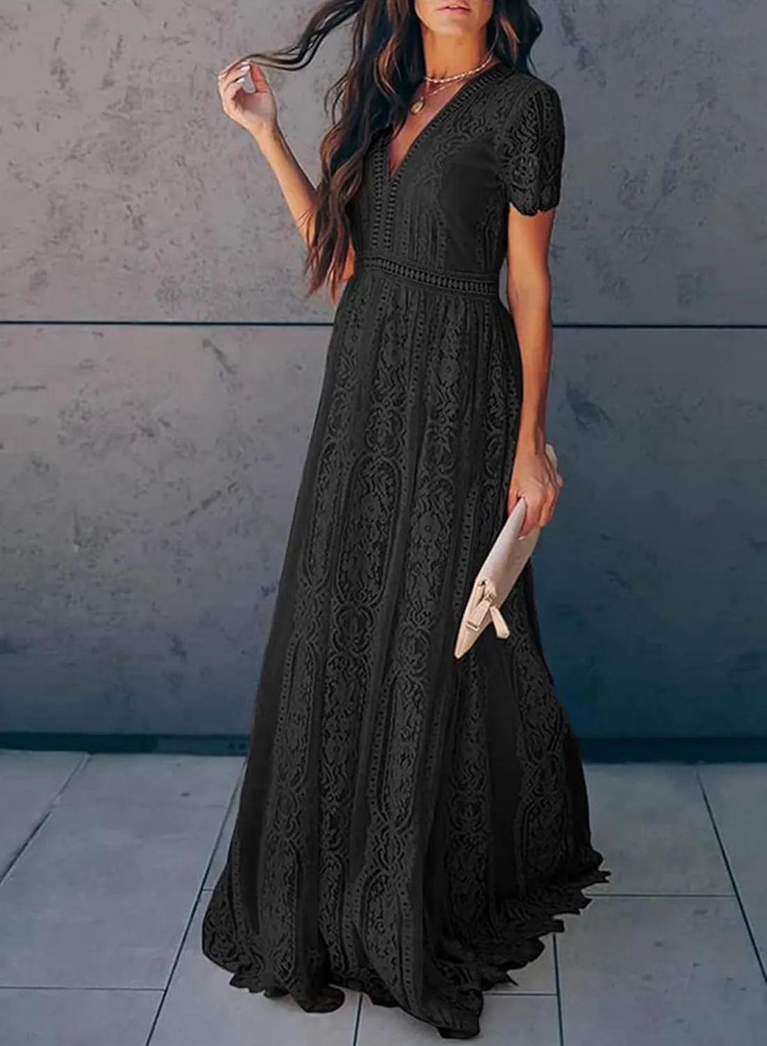 Melliflo Womens Lace Patchwork Hollowed Out Short Sleeved V Neck Long Skirt 2024 New Casual Summer Dress