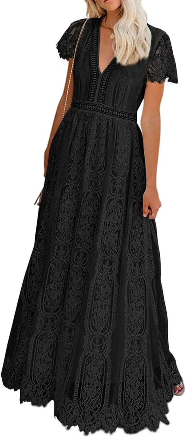 Melliflo Womens Lace Patchwork Hollowed Out Short Sleeved V Neck Long Skirt 2024 New Casual Summer Dress