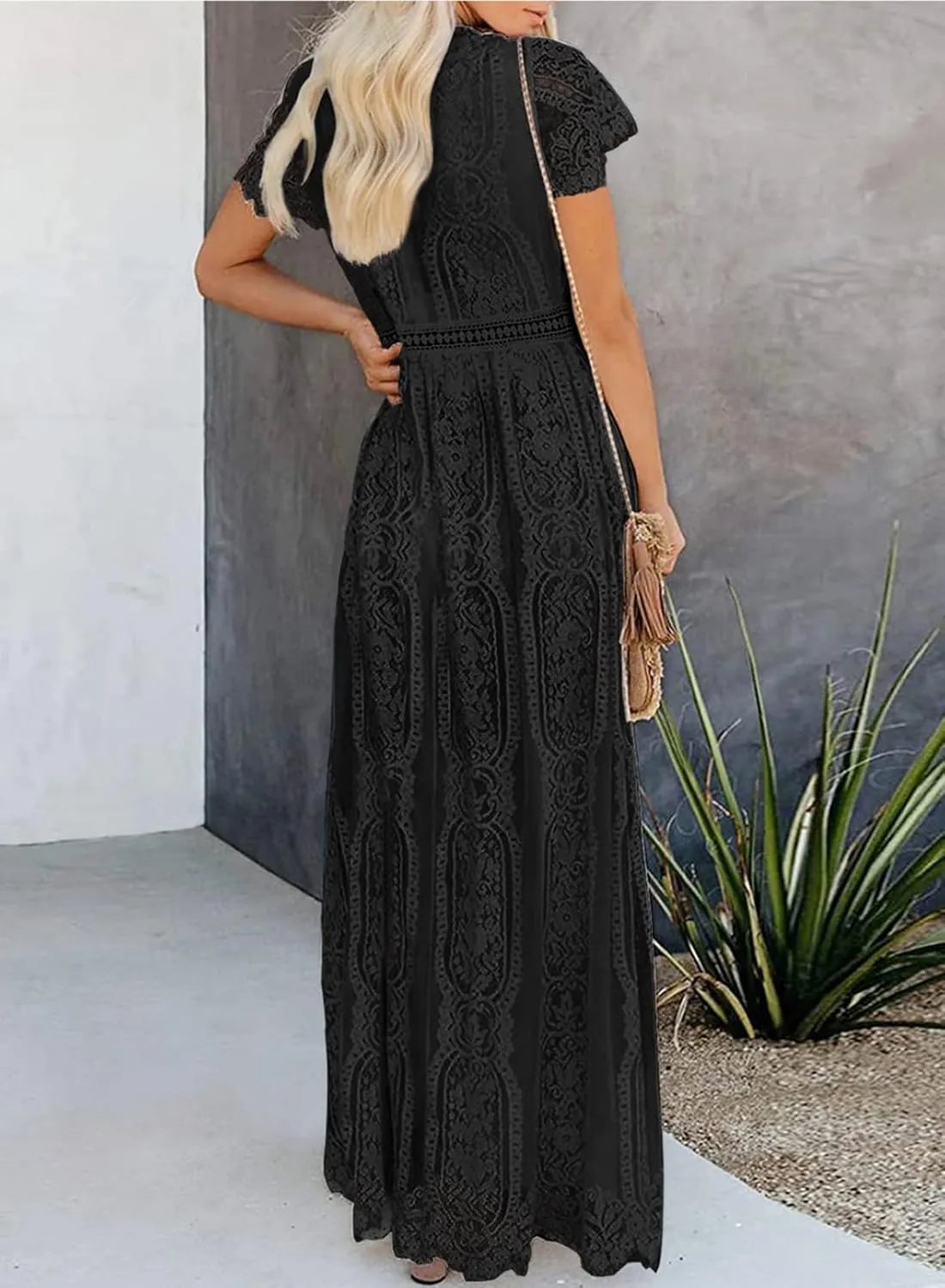 Melliflo Womens Lace Patchwork Hollowed Out Short Sleeved V Neck Long Skirt 2024 New Casual Summer Dress