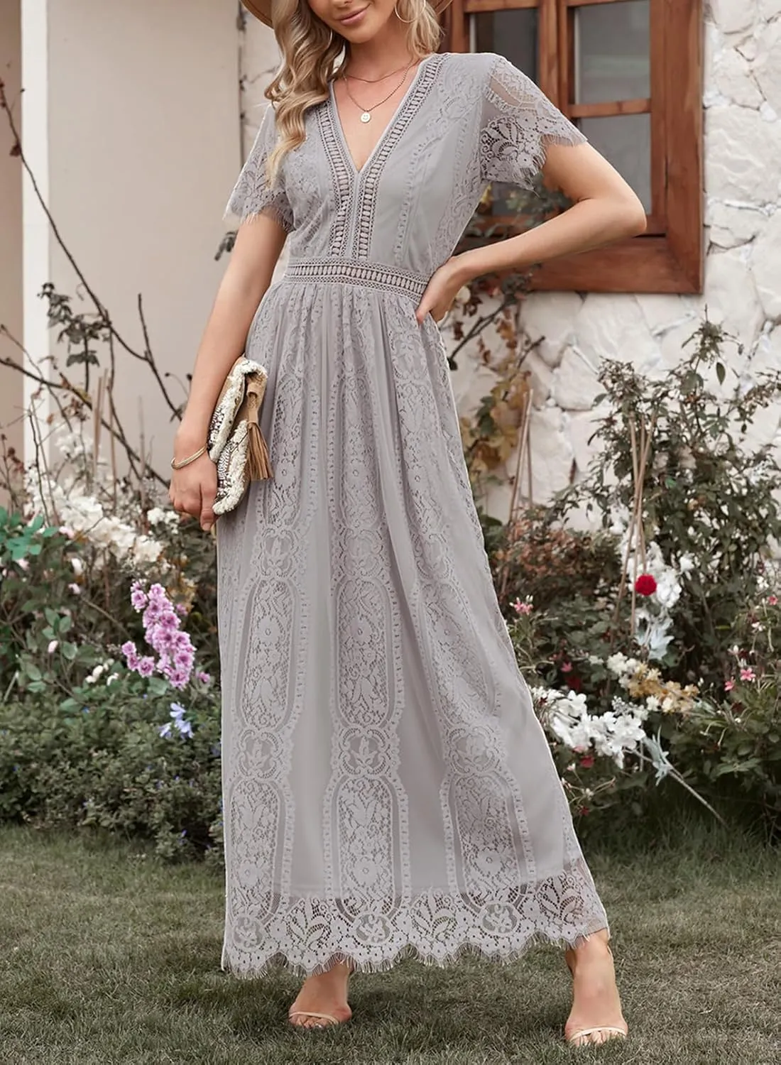 Melliflo Womens Lace Patchwork Hollowed Out Short Sleeved V Neck Long Skirt 2024 New Casual Summer Dress