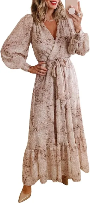 Melliflo Womens Leopard Surplice Bubble Sleeve V-Neck Maxi Dress with Sash 2024 Loose Casual Summer Skirt