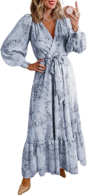 Melliflo Womens Leopard Surplice Bubble Sleeve V-Neck Maxi Dress with Sash 2024 Loose Casual Summer Skirt