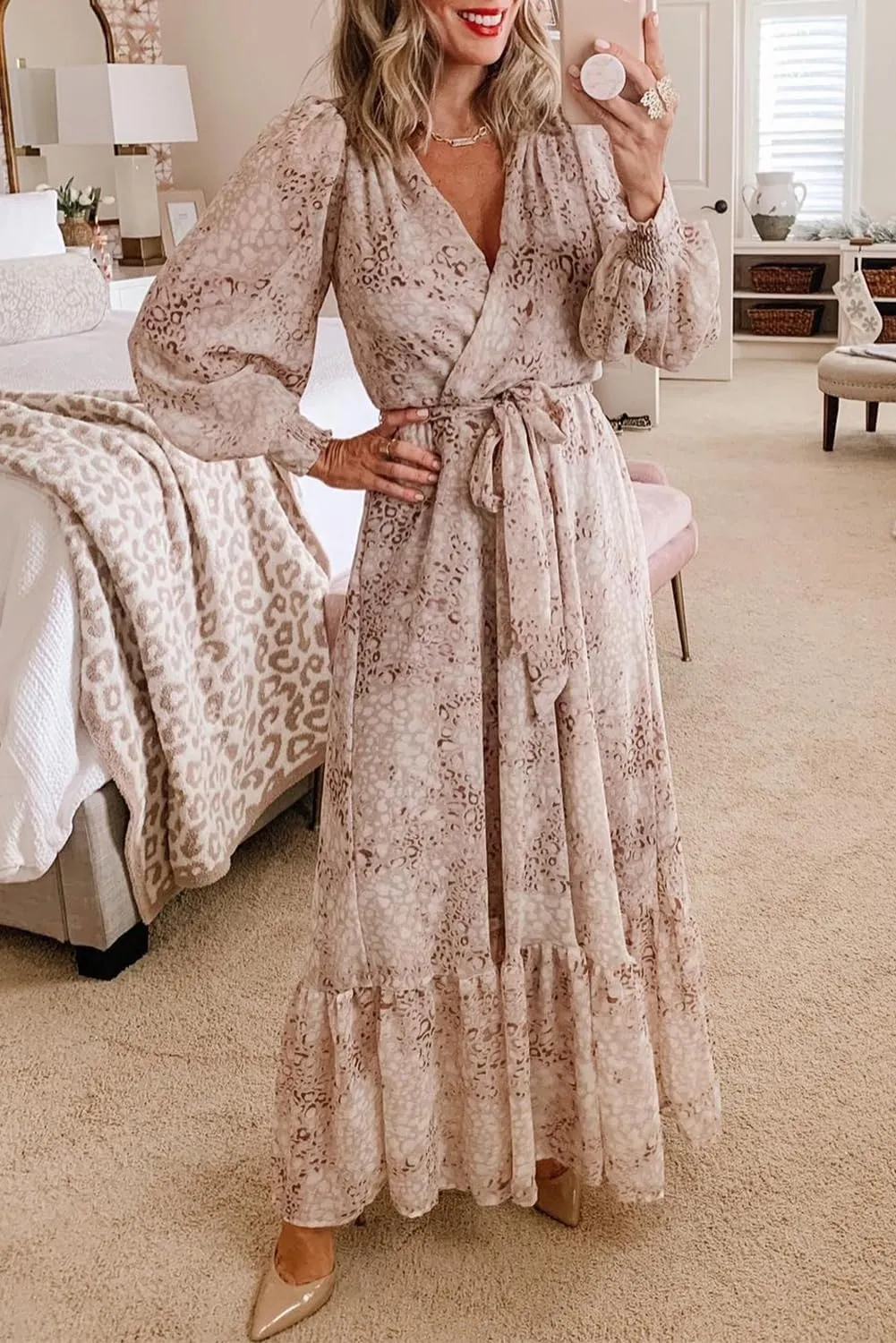 Melliflo Womens Leopard Surplice Bubble Sleeve V-Neck Maxi Dress with Sash 2024 Loose Casual Summer Skirt