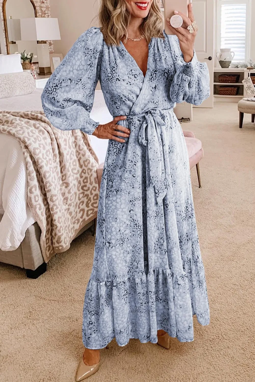 Melliflo Womens Leopard Surplice Bubble Sleeve V-Neck Maxi Dress with Sash 2024 Loose Casual Summer Skirt