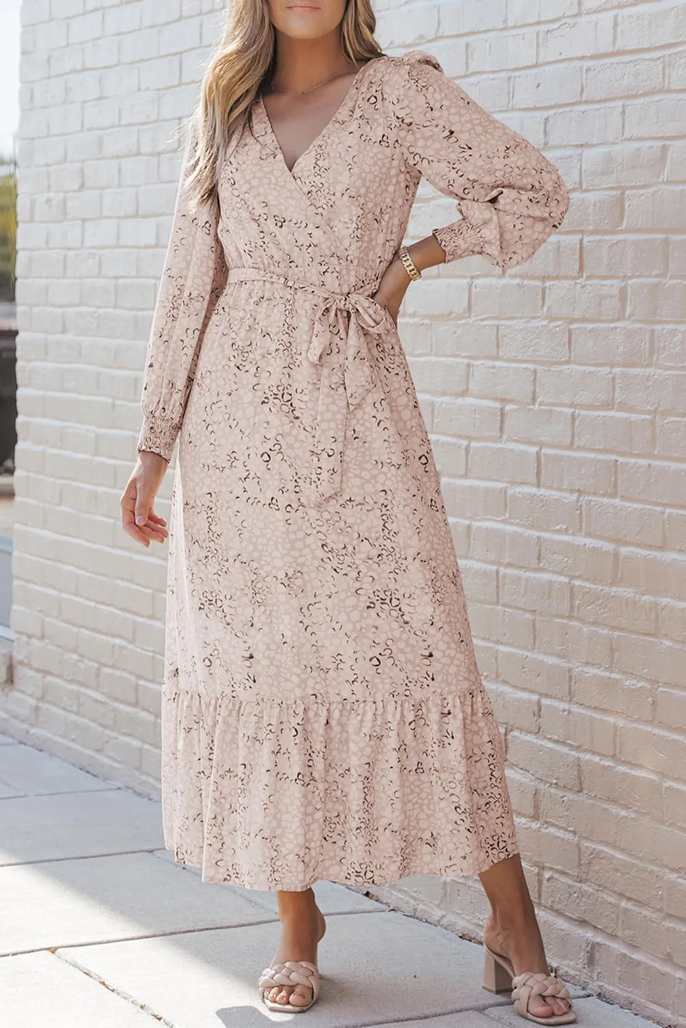 Melliflo Womens Leopard Surplice Bubble Sleeve V-Neck Maxi Dress with Sash 2024 Loose Casual Summer Skirt