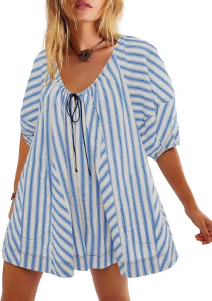 Melliflo Womens Summer Plus Size Romper Dress Casual Puff Short Sleeve Striped Jumpsuit Beach Vacation Mini Babydoll Sundress