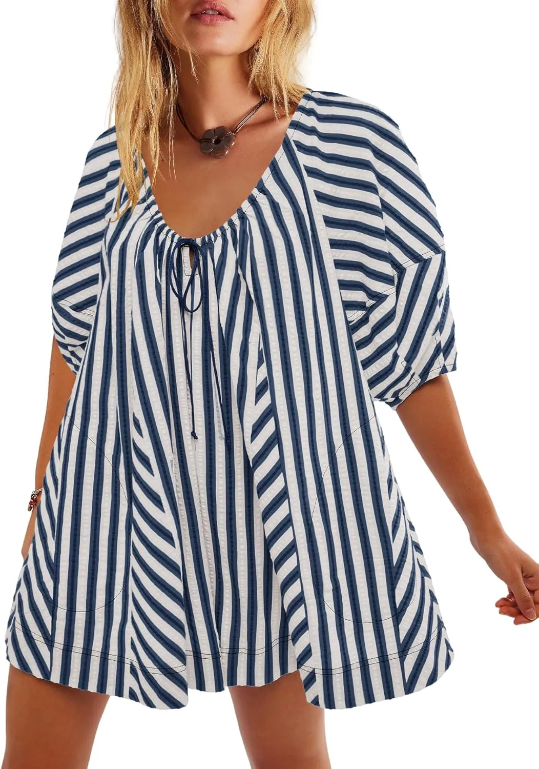 Melliflo Womens Summer Plus Size Romper Dress Casual Puff Short Sleeve Striped Jumpsuit Beach Vacation Mini Babydoll Sundress