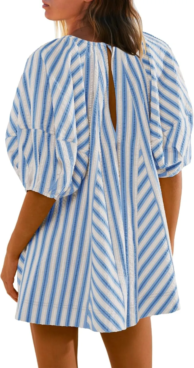 Melliflo Womens Summer Plus Size Romper Dress Casual Puff Short Sleeve Striped Jumpsuit Beach Vacation Mini Babydoll Sundress