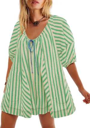 Melliflo Womens Summer Plus Size Romper Dress Casual Puff Short Sleeve Striped Jumpsuit Beach Vacation Mini Babydoll Sundress