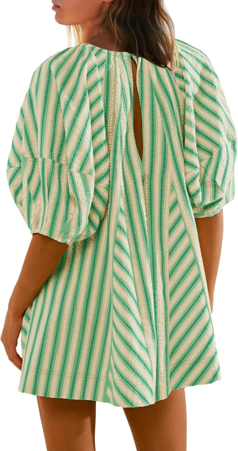 Melliflo Womens Summer Plus Size Romper Dress Casual Puff Short Sleeve Striped Jumpsuit Beach Vacation Mini Babydoll Sundress