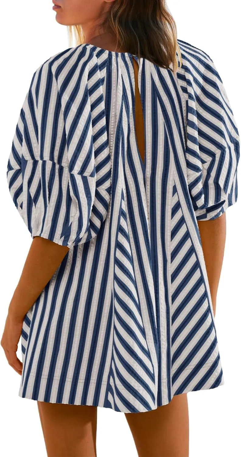 Melliflo Womens Summer Plus Size Romper Dress Casual Puff Short Sleeve Striped Jumpsuit Beach Vacation Mini Babydoll Sundress