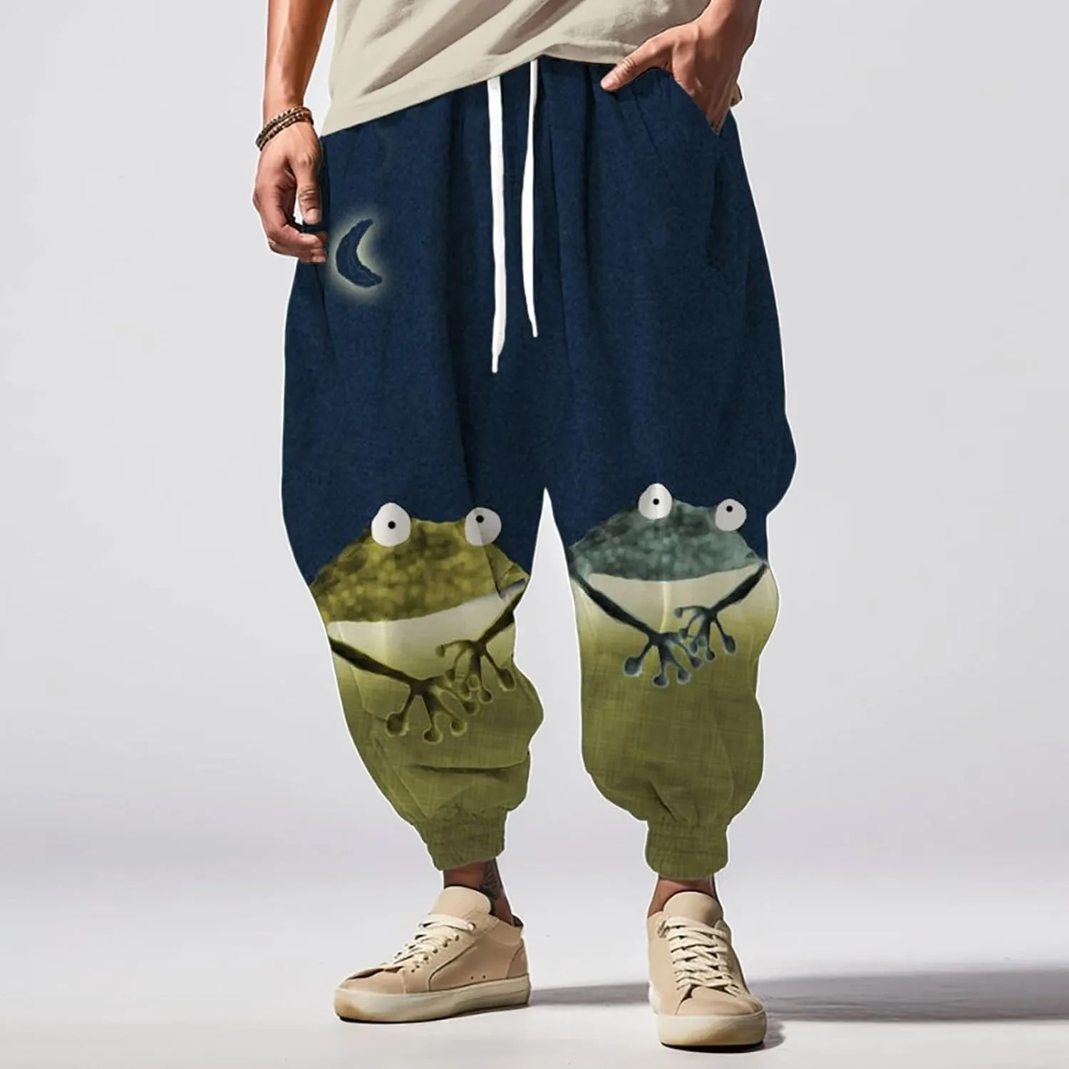 Mens Casual Joggers Pants Men's Autumn Fun Print Fashion Street Feel Baggy Hippie Elastic Waist Drop Crotch Trousers