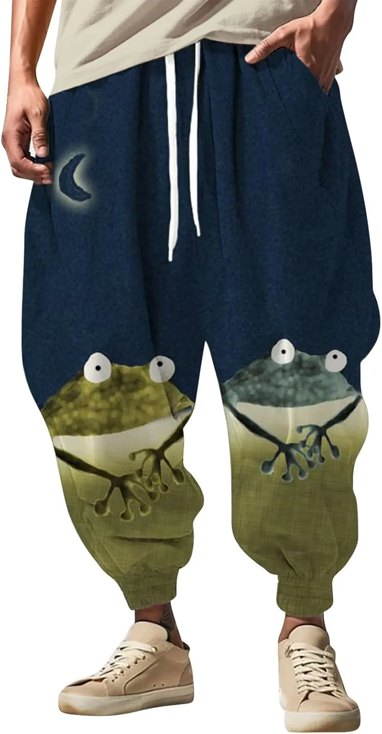 Mens Casual Joggers Pants Men's Autumn Fun Print Fashion Street Feel Baggy Hippie Elastic Waist Drop Crotch Trousers