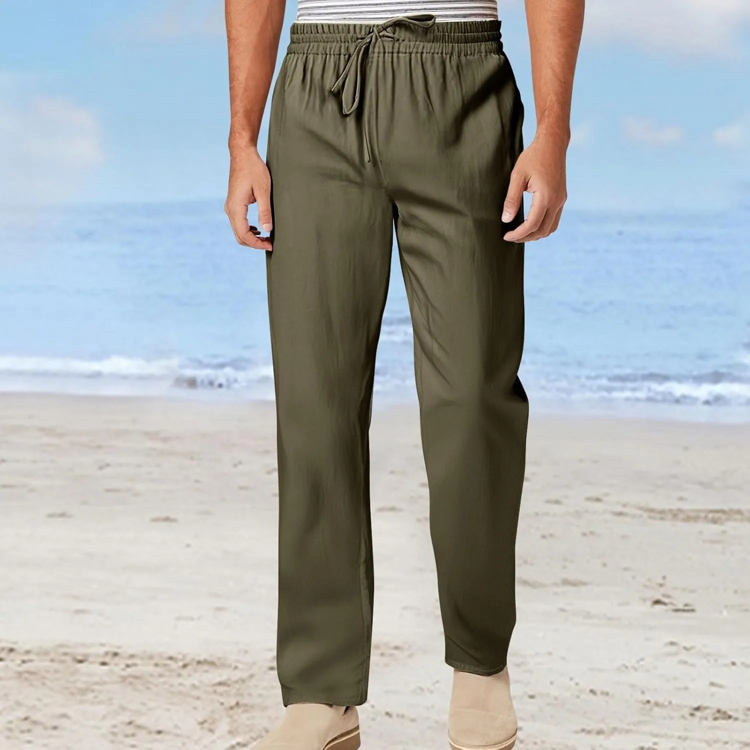 Mens Casual Pants Elastic Waist Drawstring Lightweight Slacks Loose Summer Beach Yoga Trousers Straight Leg Pants