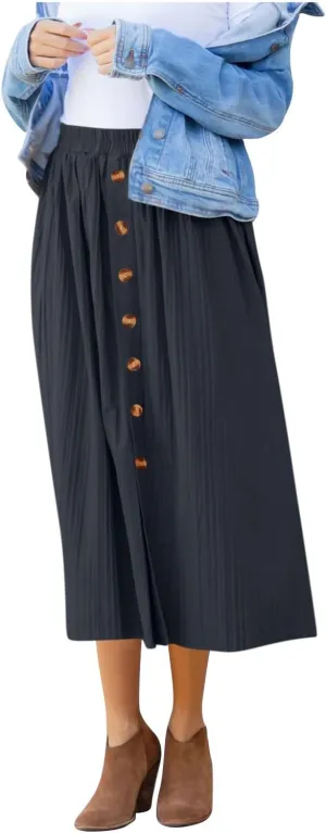 Midi Skirts for Women Casual Summer Beach Vacation High Elastic Waist Front Button A-Line Pleated Flowy Skirts