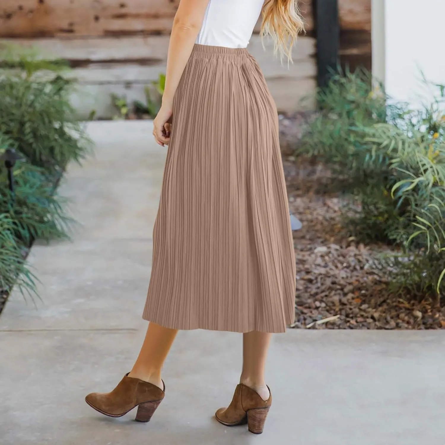 Midi Skirts for Women Casual Summer Beach Vacation High Elastic Waist Front Button A-Line Pleated Flowy Skirts