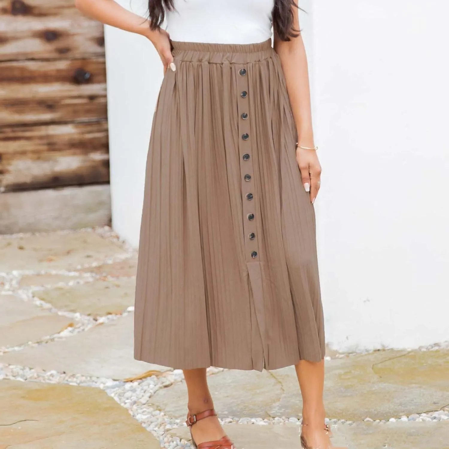 Midi Skirts for Women Casual Summer Beach Vacation High Elastic Waist Front Button A-Line Pleated Flowy Skirts