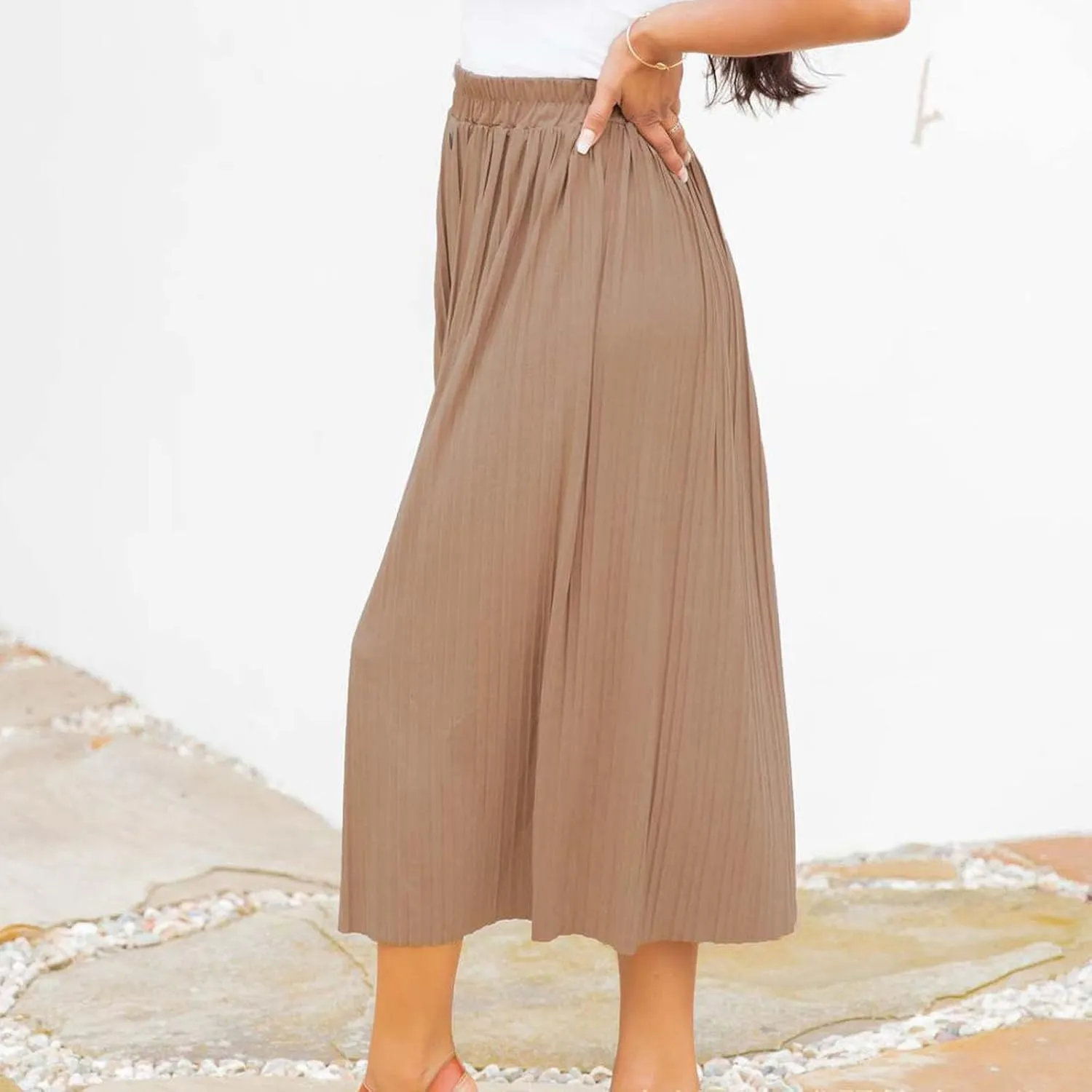 Midi Skirts for Women Casual Summer Beach Vacation High Elastic Waist Front Button A-Line Pleated Flowy Skirts