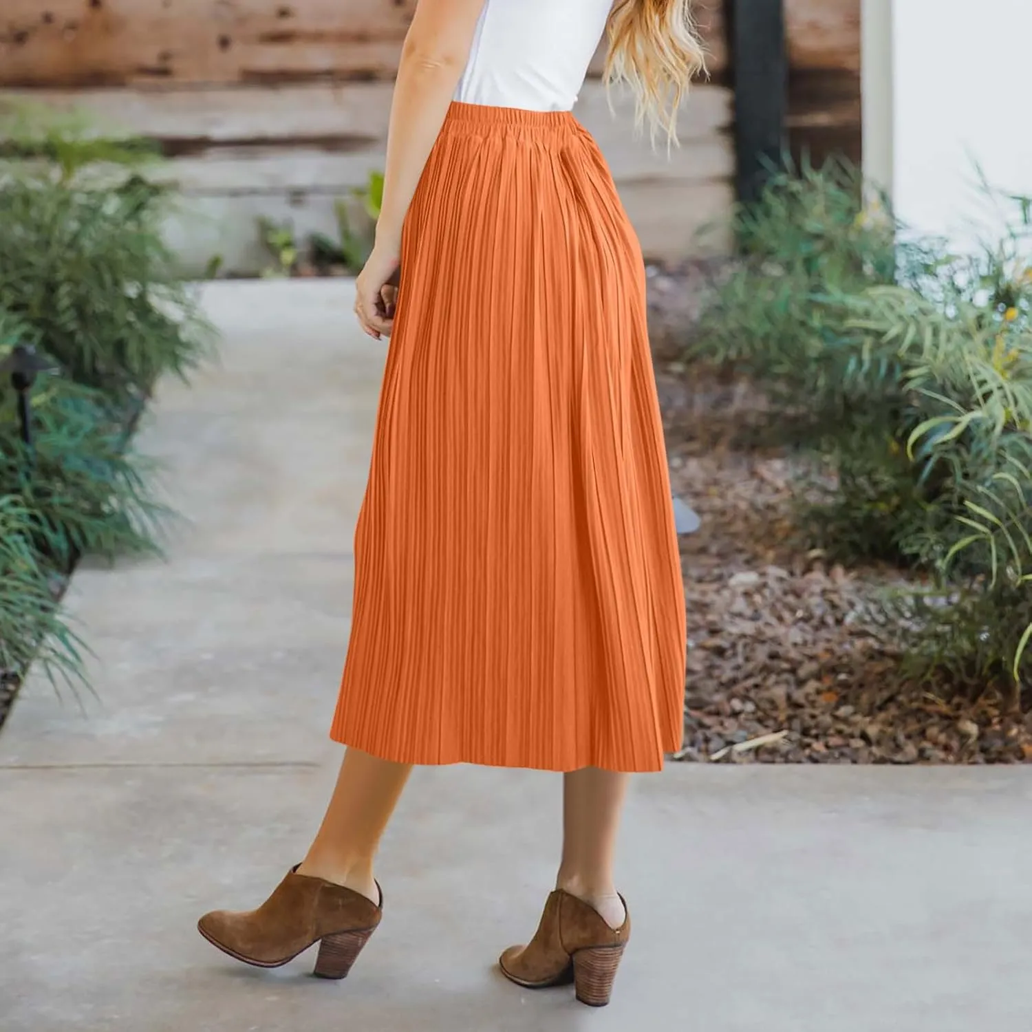Midi Skirts for Women Casual Summer Beach Vacation High Elastic Waist Front Button A-Line Pleated Flowy Skirts