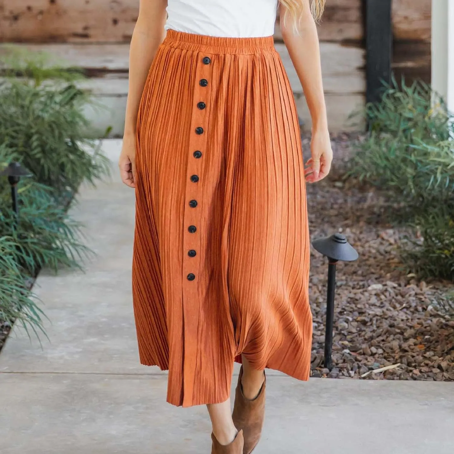 Midi Skirts for Women Casual Summer Beach Vacation High Elastic Waist Front Button A-Line Pleated Flowy Skirts