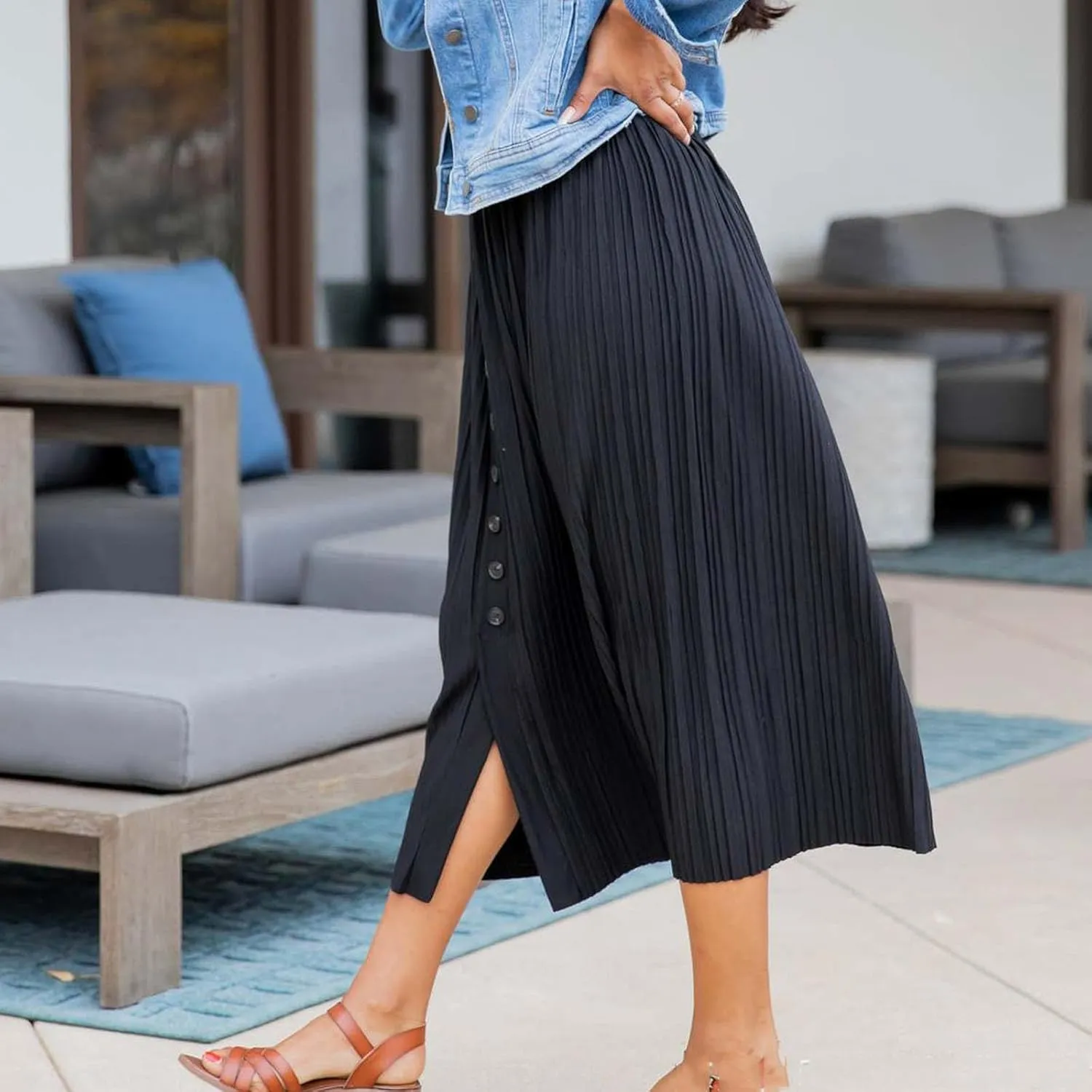 Midi Skirts for Women Casual Summer Beach Vacation High Elastic Waist Front Button A-Line Pleated Flowy Skirts