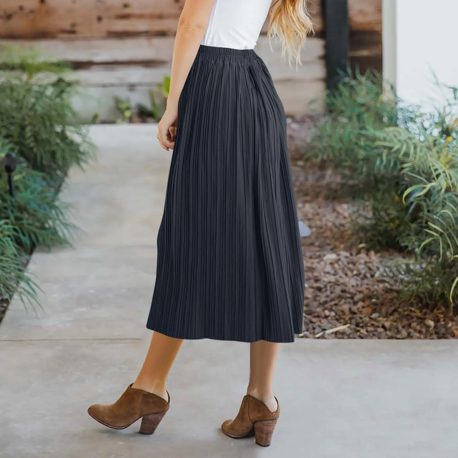 Midi Skirts for Women Casual Summer Beach Vacation High Elastic Waist Front Button A-Line Pleated Flowy Skirts