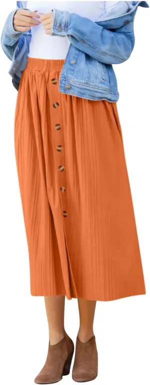 Midi Skirts for Women Casual Summer Beach Vacation High Elastic Waist Front Button A-Line Pleated Flowy Skirts