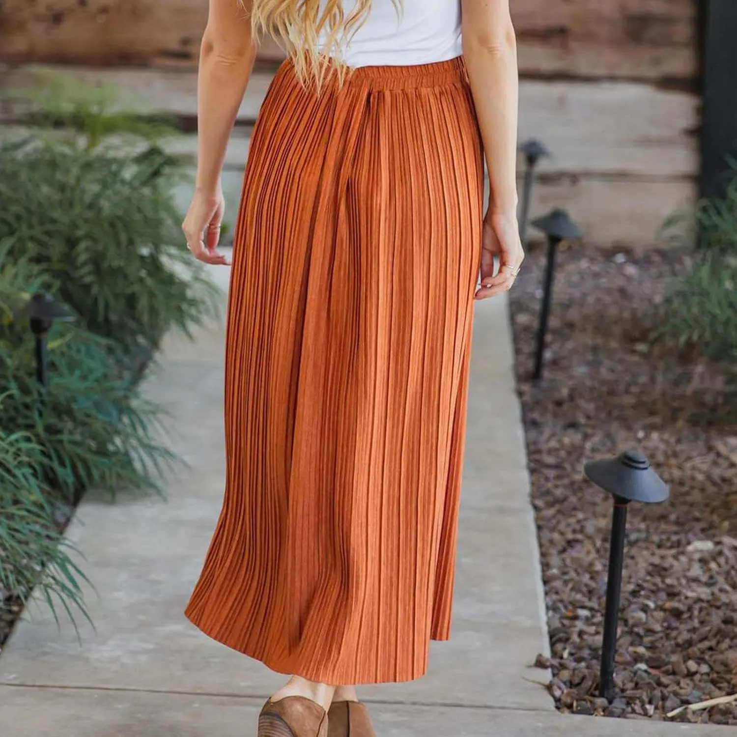 Midi Skirts for Women Casual Summer Beach Vacation High Elastic Waist Front Button A-Line Pleated Flowy Skirts
