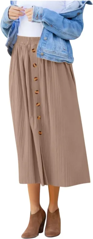 Midi Skirts for Women Casual Summer Beach Vacation High Elastic Waist Front Button A-Line Pleated Flowy Skirts
