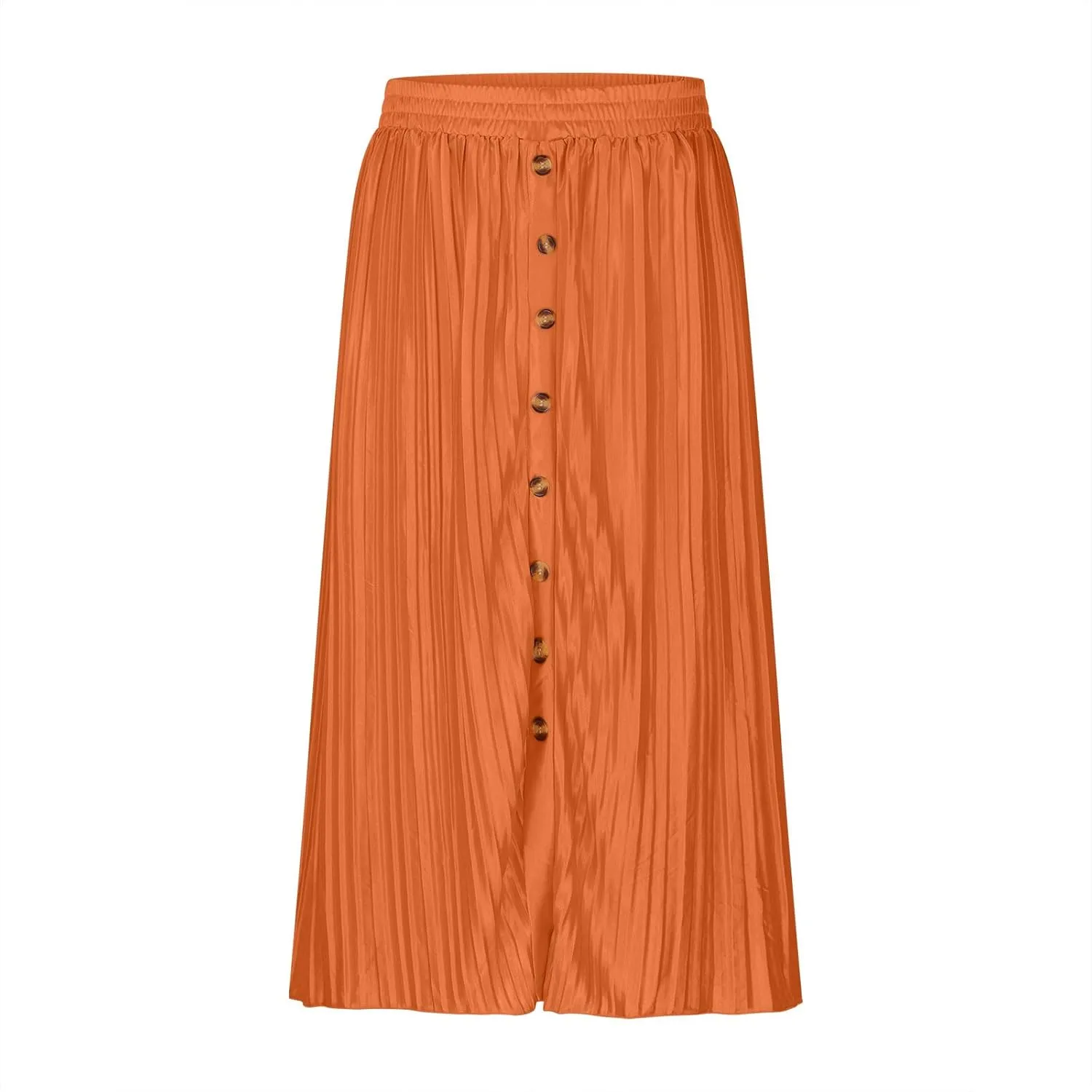 Midi Skirts for Women Casual Summer Beach Vacation High Elastic Waist Front Button A-Line Pleated Flowy Skirts