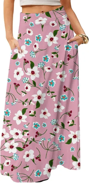 Midi Skirts for Women High Waisted Pleated A-Line Summer Swing Floral Long with Pockets