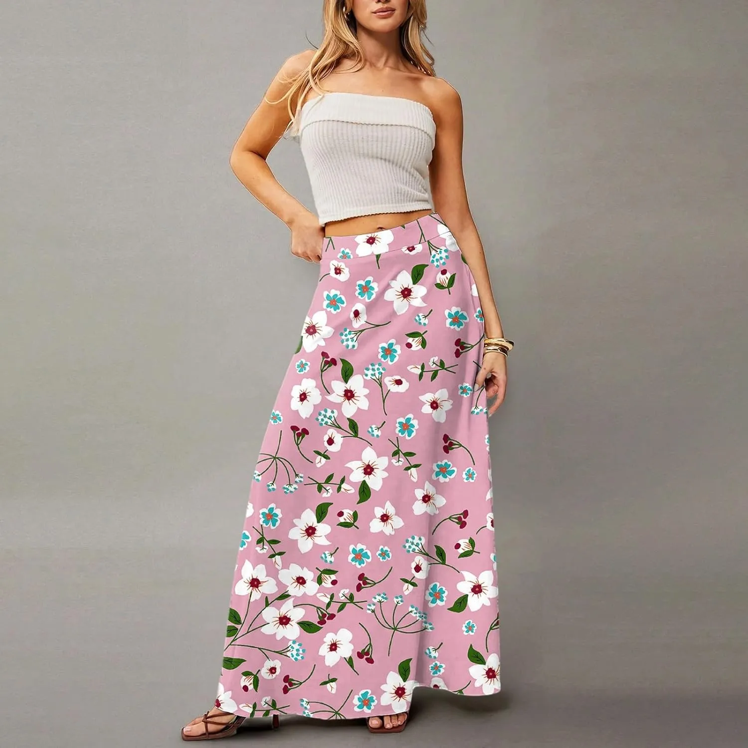 Midi Skirts for Women High Waisted Pleated A-Line Summer Swing Floral Long with Pockets