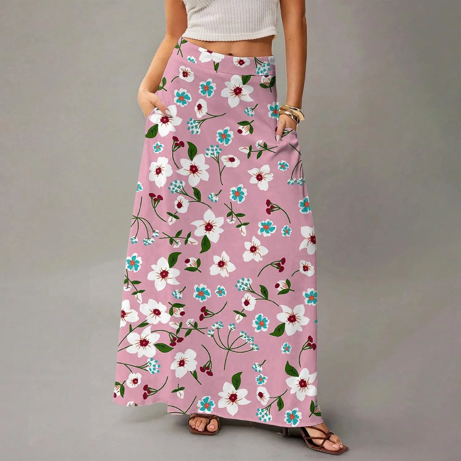 Midi Skirts for Women High Waisted Pleated A-Line Summer Swing Floral Long with Pockets