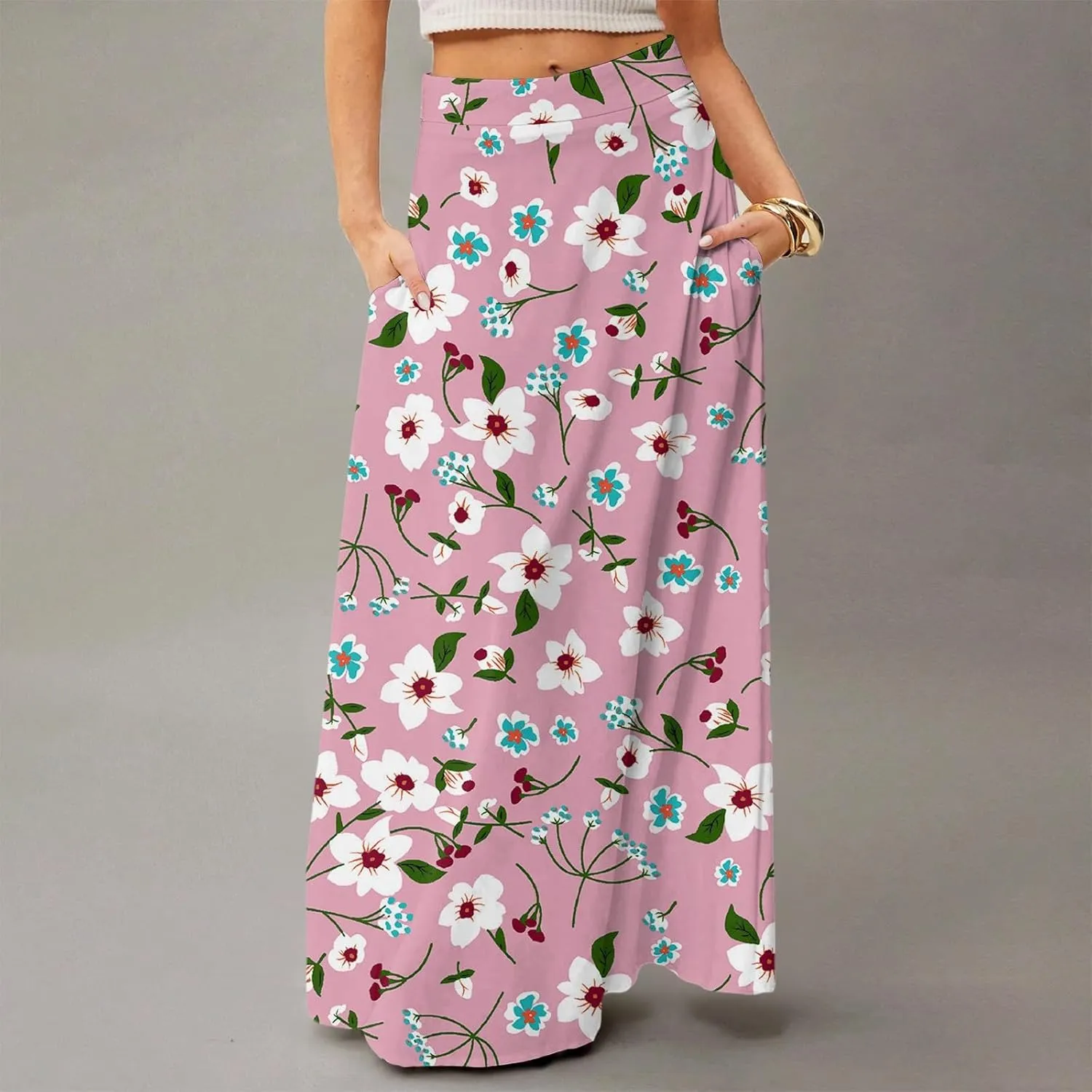 Midi Skirts for Women High Waisted Pleated A-Line Summer Swing Floral Long with Pockets