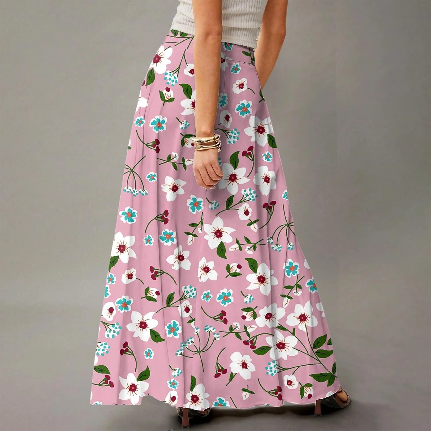 Midi Skirts for Women High Waisted Pleated A-Line Summer Swing Floral Long with Pockets