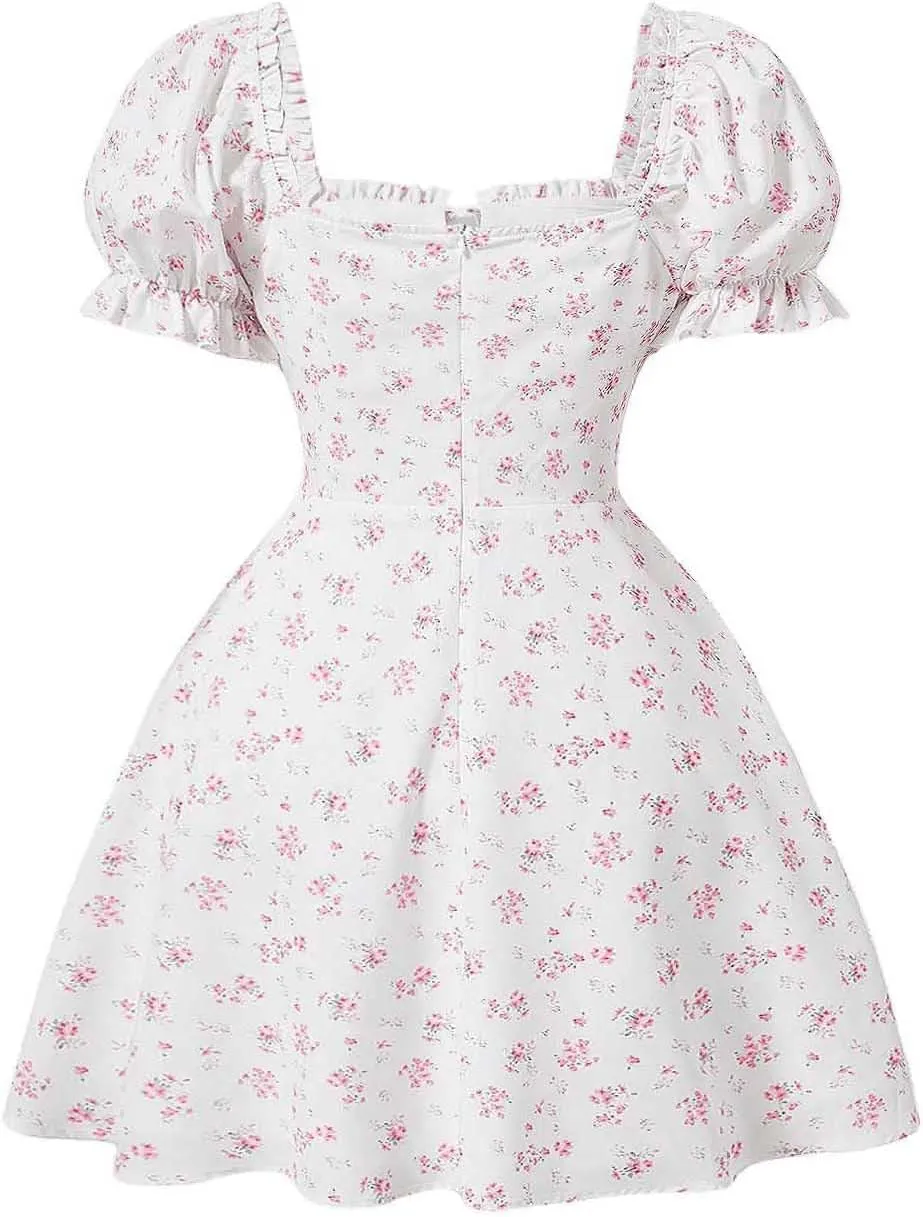 Milumia Women's Ditsy Floral Puff Short Sleeve Flare Dress Ruched Tie Front A Line Mini Dresses