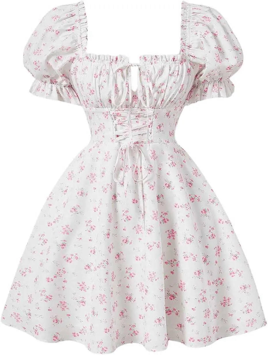 Milumia Women's Ditsy Floral Puff Short Sleeve Flare Dress Ruched Tie Front A Line Mini Dresses