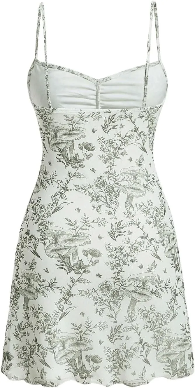 Milumia Women's Floral Print Tie Front Spaghetti Strap Cami Dress V Neck Flare Mini Sun Dresses
